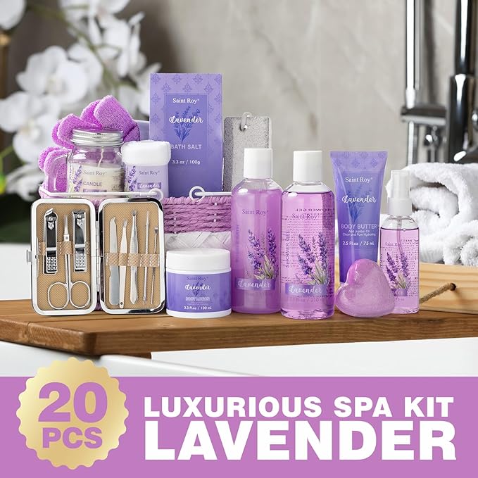 Large Spa kit for women gift set, 20 PCS Spa Gift Baskets Christmas Gifts for Women Bath Kit with Lavender gifts spa gift set Basket For Women, Luxury Self Care Home Spa Kit Lavender Bath Gift Basket