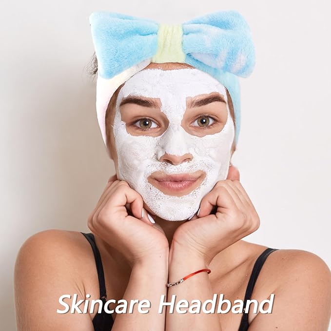 VELSCRUN Spa Headband, Makeup Face Wash Skincare Headbands, 5 Pcs Light Colorful Sponge Bow Tie Get Ready HairBand Facial Wristband Hair Clips Set, Stuff for Teen Girls Women Trendy Hair Accessories