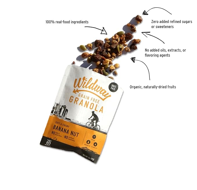 Wildway Keto Granola Snack Packs| Banana Nut | Grain-Free Certified Gluten-Free Cereal | Vegan, Low Carb & No Sugar Added | Paleo-Friendly, Non-GMO Fruit & Nut Clusters | Nutrient-Rich Snack | 4 Pack