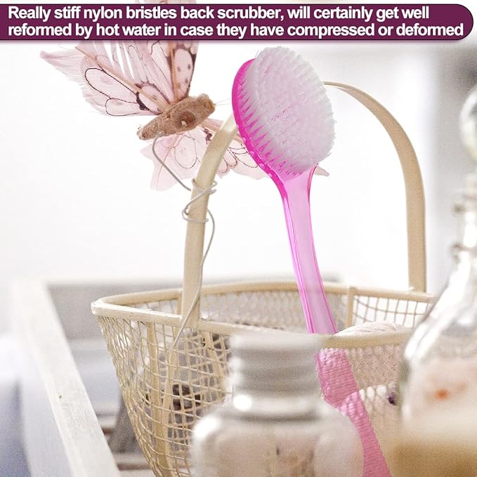 Back Bath Brush - Curved Long Handle Shower Brush with Medium Stiff Bristles for Cleaning and Exfoliating Body, Back Scrubber for Men & Women (Black + Pink 2 Pack)