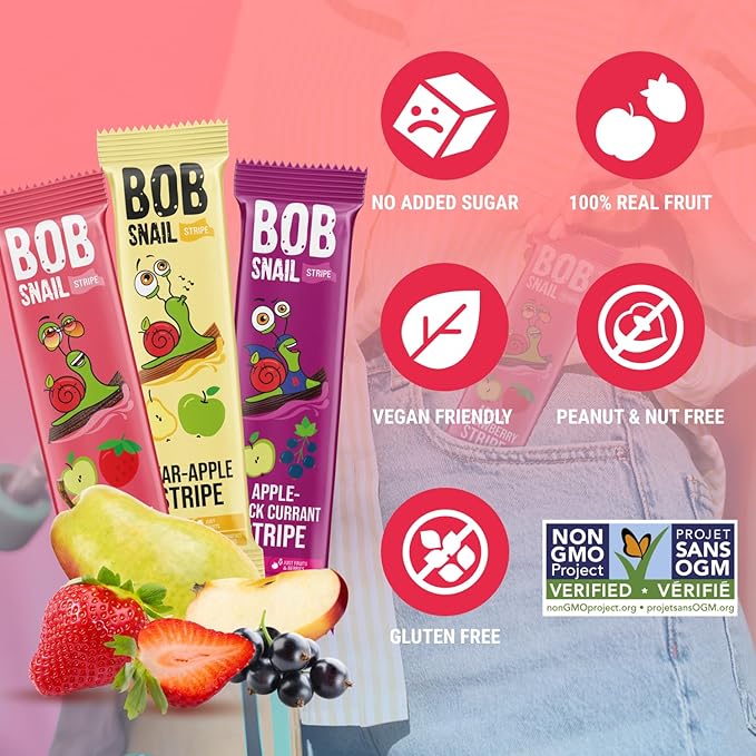 BOB SNAIL Healthy Organic Fruit Snacks for Kids and Adults–30 Organic Fruit Leather Snacks with Apple-Pear, Strawberry, Black Currant–Vegan Low-Carb Variety Pack Strips for Kids–Sugar Free Jerky Bars