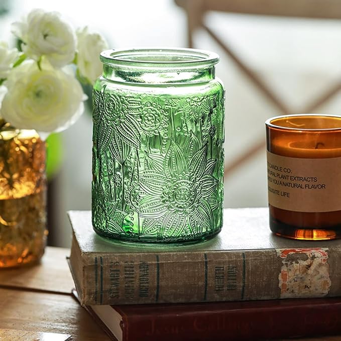 ANSQU Set of 4 Vintage Glass Storage Jars, 23.7oz Glass Coffee Canisters Decoraitve Mason Jars Sugar Containers with Airtight Wooden Lids for Kitchen Pantry, Cookie Jars (Sunflower)