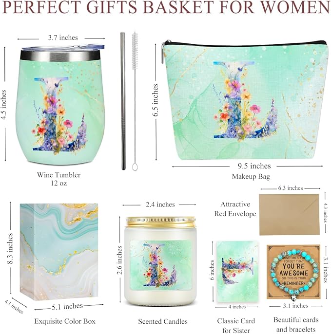 Personalized Gifts Monogrammed Birthday Gifts for Women, Mama New Mom Thanksgiving Wedding Christmas Initial Wine Tumbler Makeup Bag Scented Candle Bracelet Set, (Aesthetic Green Flower L)