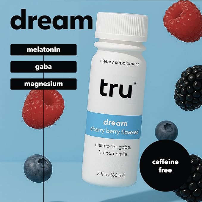 Tru Dream Shot, Extra Strength Sleep Supplement with Melatonin, GABA, Chamomile & Magnesium, Cherry Berry Flavored Wellness Drink, Gluten Free, Vegan, Caffeine & Sugar Free, 2 FL OZ Bottles, 12 Pack