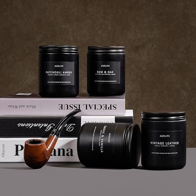 Scented Candles Set | Men Candle Set, 4 Pack Candles for Home, Gifts for Men - Aromatherapy Gifts for Dad Fathers Day, Soy Candle Scent of Smoke & Vanilla/Rum Oak/Vintage Leather/Amber Patchouli