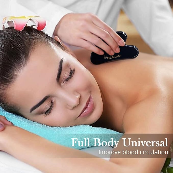 BESKAR Gua Sha Facial Tools, Natural Jade Stone Guasha Massager for Jawline Sculpting, Tighten Face Skin and Reduce Wrinkles, Face Eyes Body Neck Massage Tool, Skin Care Gift (Black)