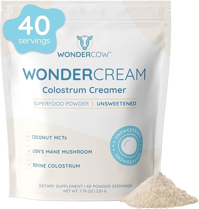 WONDERCOW Bovine Colostrum Superfood Creamer Supplement Powder w/Organic Lions Mane Mushroom & Coconut Milk Powder MCTs | Functional Sugar Free Keto Coffee, Smoothie & Drink Mix Unsweetened