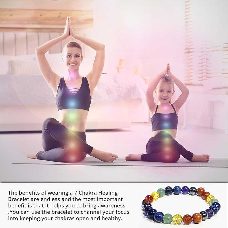 7 Chakra Bracelet, Natural Healing Crystal Bracelet for Women and Men, 8mm Round Beaded Bracelet for Spiritual Healing, Protection, Positive Energy, Elastic Adjustable Size Gemstone Bead Bracelet