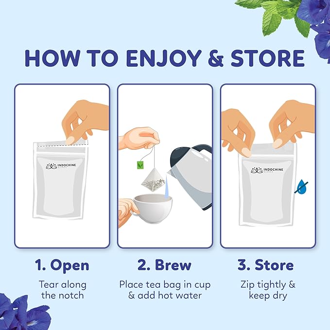 Indochine Blends Cooling Tea | Oolong, Artichoke, Butterfly Pea & Peppermint | Sugar-Free, Caffeine-Free Herbal Tea | Vibrant Blue | Herbal Tea for Relaxation | 4.4 oz | 50 Corn-Fiber Pyramid Bags