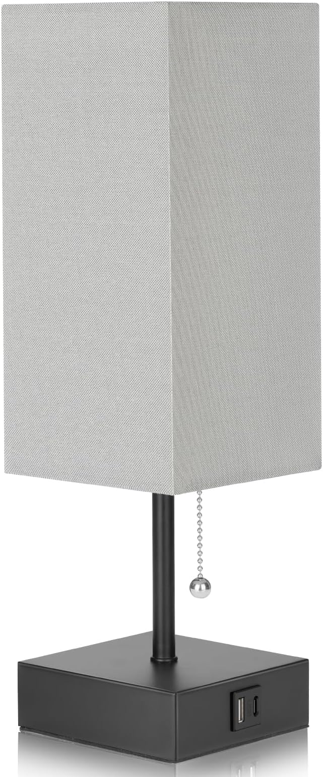 GGOYING Bedside Table Lamp, Modern Nightstand Lamp with USB Charging Ports, Pull Chain, 2700K LED Bulb, Grey Fabric Shade for End Table Living Room Home Office Study Room