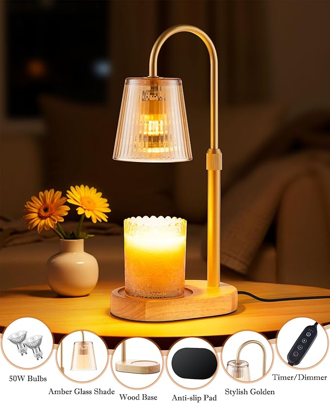 Adjustable Candle Warmer Lamp with Timer - Electric Light Wax Warming Dimmable Flameless Top Melter Heater Melting Heating Height Small Jar Candles Gifts Women Mom Birthday Home Desk Modern Decor