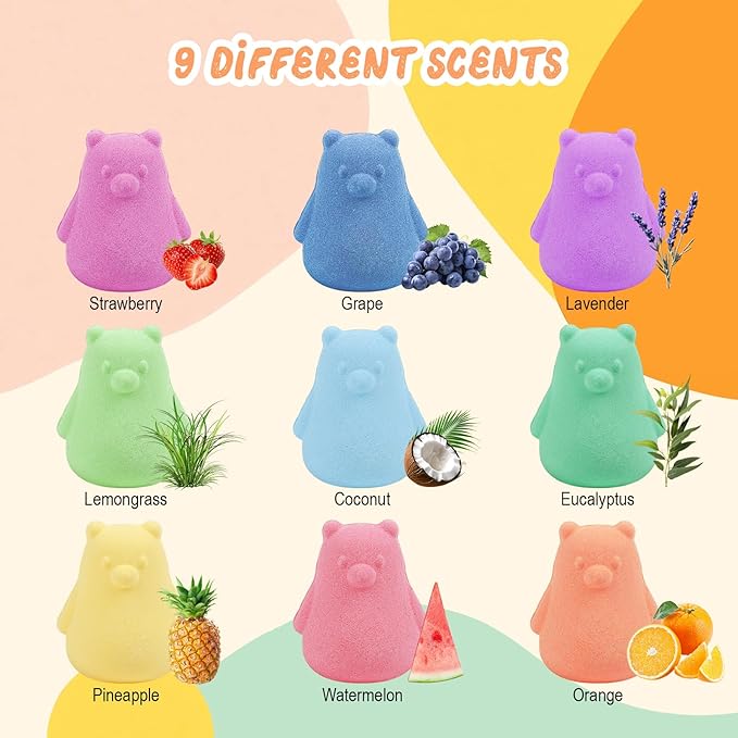 SHUCHING 9 PCS XXL Bear Bath Bombs with Surprise Inside, Natural and Organic Bubble Bath Fizzy Balls, Birthday Christmas Halloween Gifts Set
