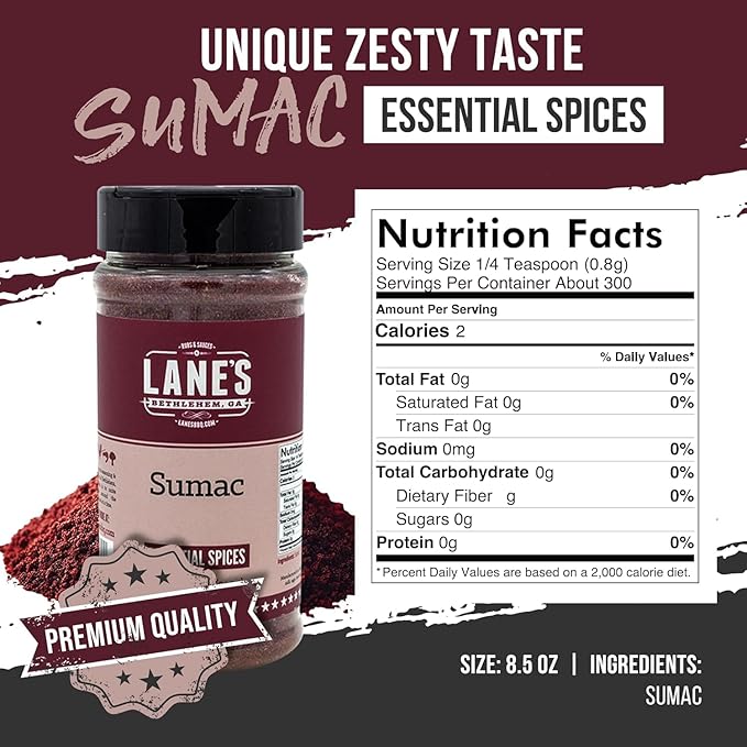 Lane's Ground Sumac Spice, 8.5 oz - Bold & Tangy Sumac Seasoning Powder, Gluten-Free, Authentic Middle Eastern & Mediterranean Spices, Perfect for Meats, Salads, Marinades & Zesty Recipes, Made in USA