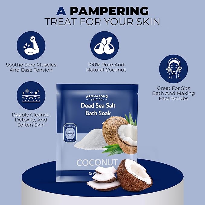 Aromasong Pure Dead Sea Salt 100% Natural Coconut Essential Oil – 2.5 oz. Spa Bath Salt Fine Grain- Christmas Stocking Stuffers for Adults, Kids, Women, and Mens soak Stocking Stuffers for Adults