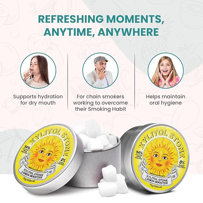 Xylitol Stone Sugar Free Candy - Vegan & Keto Friendly Unique Hard Candy Sugar-Free - 100% Natural Flavor Candies - Gluten Free & Non-GMO Breath Freshener Low Calorie Mints- Lemon Booster (Pack of 2)