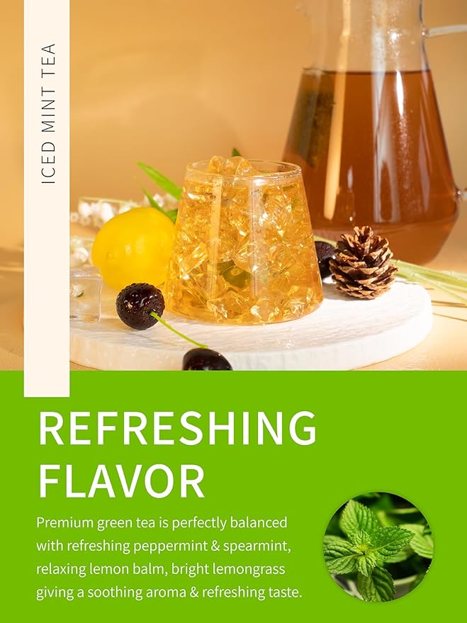TeeLux Mint Iced Green Tea Bags, Green Tea with Peppermint, Spearmint, and Lemongrass, Family Size Refreshing Iced Tea, 30 Count