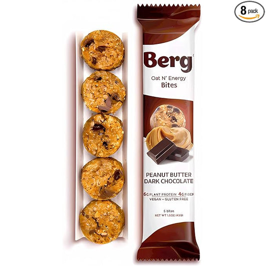 Berg Oat N' Energy Bites - Peanut Butter & Dark Chocolate - Non-GMO, Gluten Free, Dairy Free, Soy Free and Vegan - Clean Energy Snack - 1.5oz, (8 Pack)
