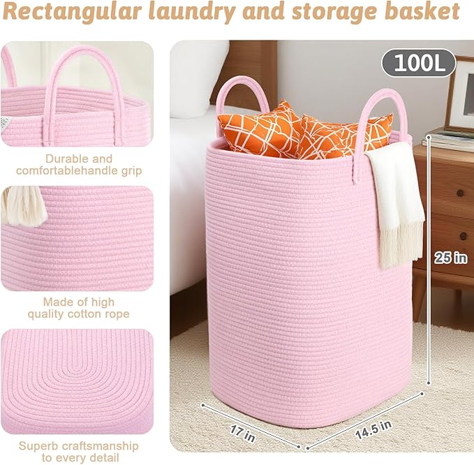 Laundry Basket,Woven Cotton Rope Laundry Hamper,100L Versatile Storage for Dirty Clothes,Baby Toys,and Blankets in Bathroom, Nursery,and Living Room