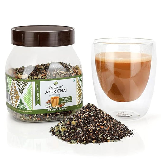 Octavius Ayur Chai Nature Care Tea | 250g Jar | Exotic Indian Ayurvedic Herbal Blend | Wellness & Immunity Boosting Tea | Caffeine-Free Herbal Tea