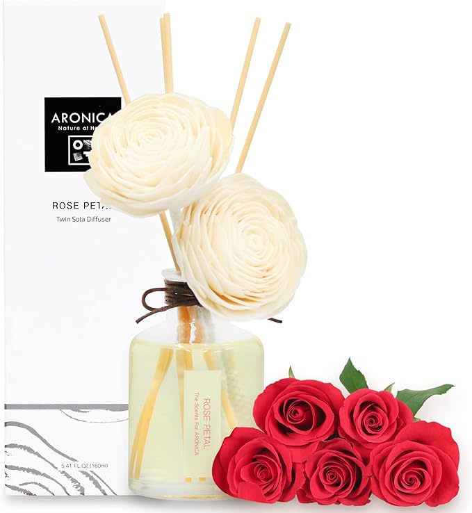 Aronica Twin Sola Diffuser - Rose Petal Fragrance, 160ml / 5.41 Floz, Colorful Bathroom Decor Airfreshener, Rose Reed Diffuser, Shelving Decor