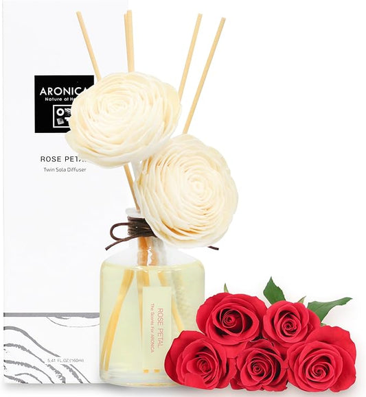 Aronica Twin Sola Diffuser - Rose Petal Fragrance, 160ml / 5.41 Floz, Colorful Bathroom Decor Airfreshener, Rose Reed Diffuser, Shelving Decor