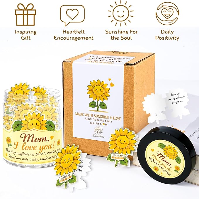 Mom Sunflower Gifts – I Love You Mom Gifts - 60 Positive Sunflower Daily Affirmation Cards Jar – Mothers Day, Christmas, Birthday Gift for Moms - Moms Gift from Daughter, Son, Kid
