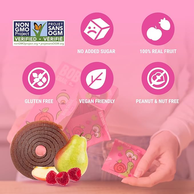 Bob Snail Exotic Mix Fruit Roll Ups – Healthy Sweets, Real Dried Fruits Snacks, No Added Sugar, Vegan, Nut Free, Candy for Adults and Kids – Pear and Raspberry Flavour 50 pcs, 500g