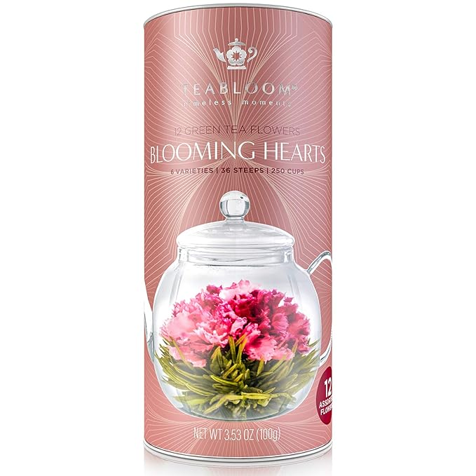 Teabloom Heart-Shaped Flowering Teas – 12 Assorted Blooming Tea Flowers – Green Tea + Jasmine, Pomegranate, Strawberry, Rose, Litchi & Peach