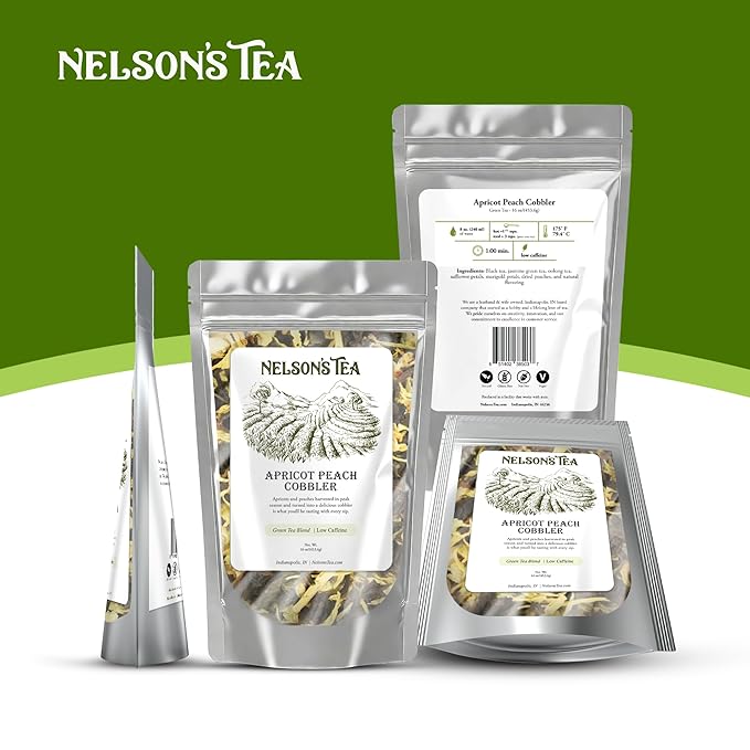 Nelson's Tea Apricot Peach Cobbler Tea Loose Leaf Blend - Jasmine Green Tea, Black Teas, Oolong, Safflower & Marigold Petals - Apricot Peach, Black Jasmine Teas (16oz)