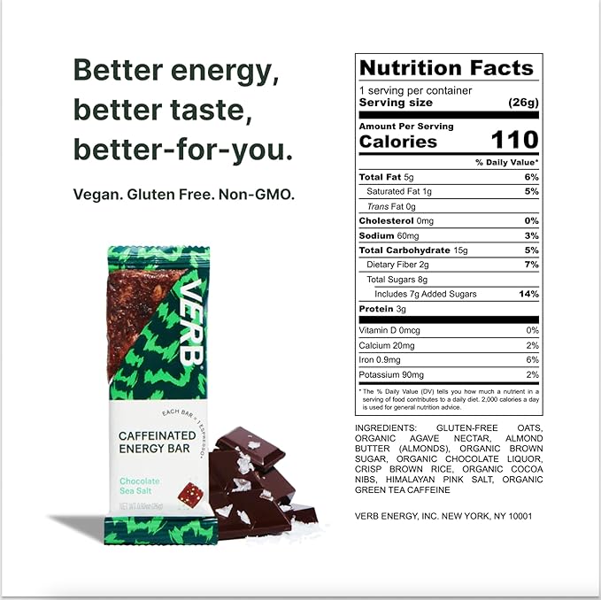 Verb Caffeinated Energy Bars Chocolate Sea Salt (26g, Pack of 16) 110-Calorie Delicious Low Sugar Energy Bar - Vegan Gluten Free On-the Go Snack with 80mg Green Tea Caffeine Only Real-Food Ingredients