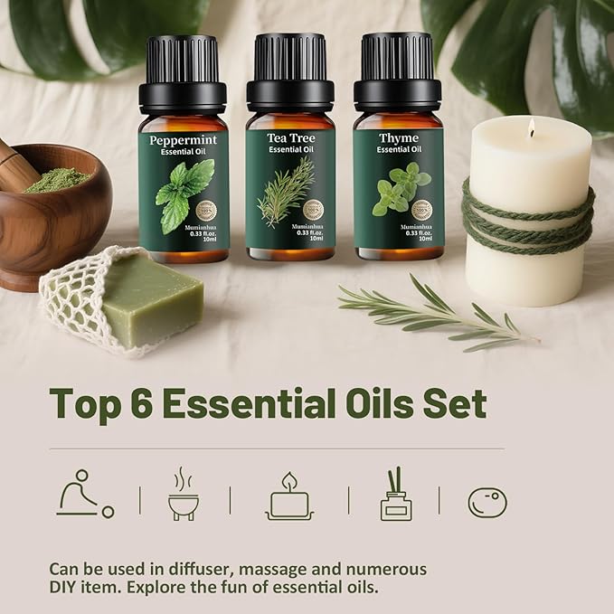 Herbal Essential Oils Set Pure, Mumianhua Natural Zestful Breeze Aromatherapy Gift Kit: Eucalyptus, Peppermint, Tea Tree, Thyme, Rosemary, Vetiver for Diffuser, Humidifier, Candle& Soap Making 6x10ml