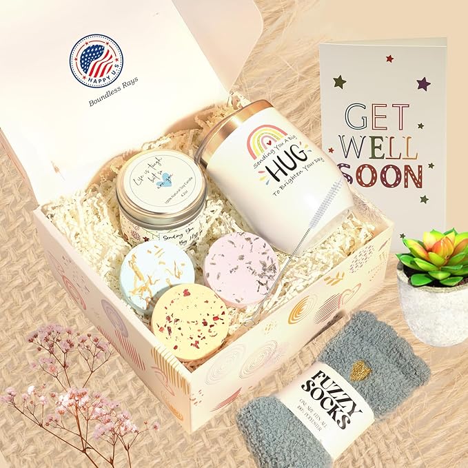 Get Well Gift Box for Women - Hugs & Healing Luxury Care Package for Her, Feel Better Soon Basket - Sympathy and After Surgery Recovery Gifts - Thinking of You