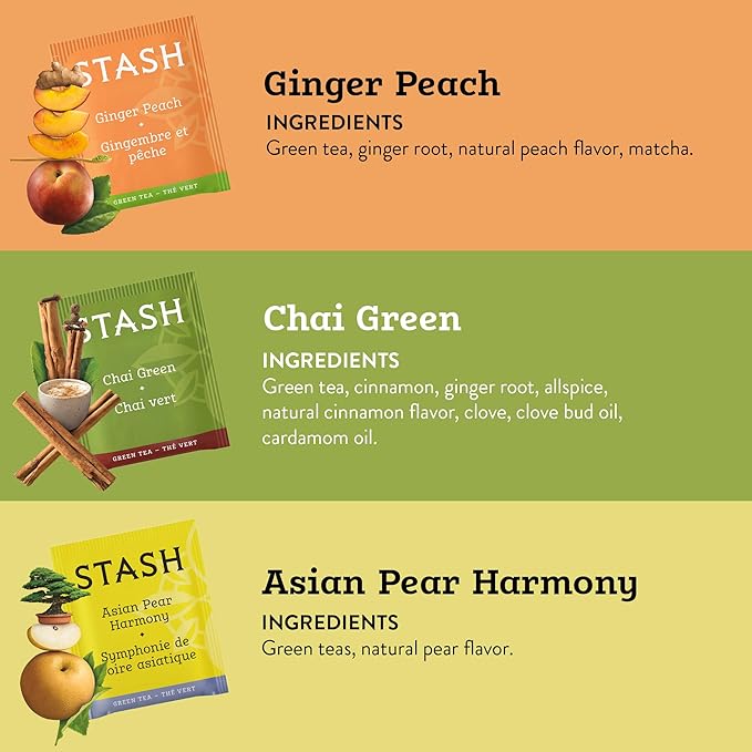 STASH Green Tea Variety Pack – Caffeinated, 6 Boxes of 18-20 Tea Bags Each – Pomegranate Raspberry, Premium Green, Moroccan Mint, Ginger Peach, Chai Green & Asian Pear Harmony
