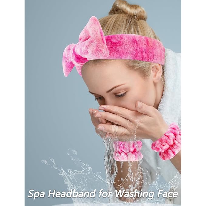 VELSCRUN Spa Headband, Makeup Face Wash Skincare Headbands, 6 Pcs Hot Pink Colorful Sponge Bow Tie Get Ready HairBand Facial Wristband Set, Stuff for Teen Girls Women Trendy Fashion Hair Accessories