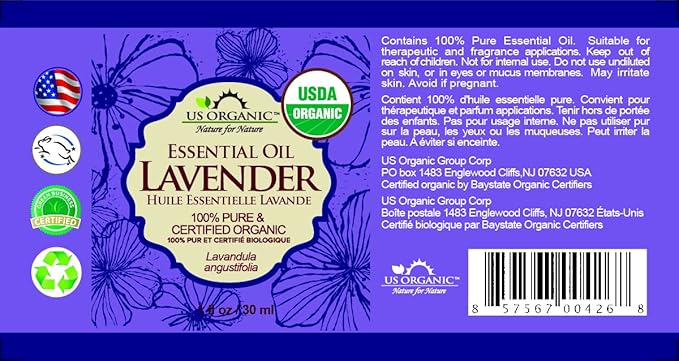 US Organic 100% Pure Lavender Essential Oil, Directly sourced from Bulgaria, USDA Certified Organic, Undiluted, for Diffuser, Humidifier, Massage, Skin, Hair Care, Non GMO, 30 ml