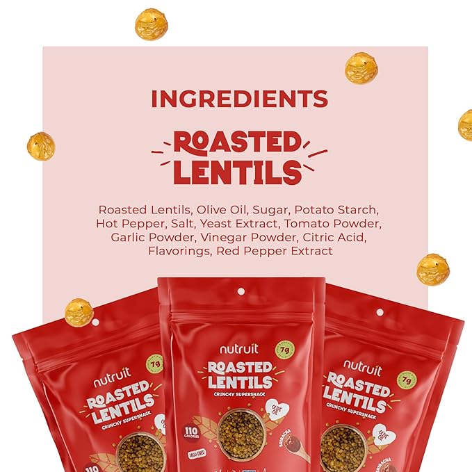 Nutruit Roasted Lentil Snacks - Tasty Snack Box with Vegan, Gluten Free, Non-GMO, High Protein, Low Calorie, Healthy On-The-Go Low Calorie Lentils Snacks - 4oz Packs (8-Pack Box) (8 Pack, Sriracha)