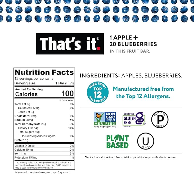 That's it. Variety Pack 100% Natural Real Fruit Bar, Best High Fiber Vegan, Gluten Free Healthy Snack, Paleo for Children & Adults, Non GMO No Added Sugar, No Preservatives Energy Food (12 Pack)