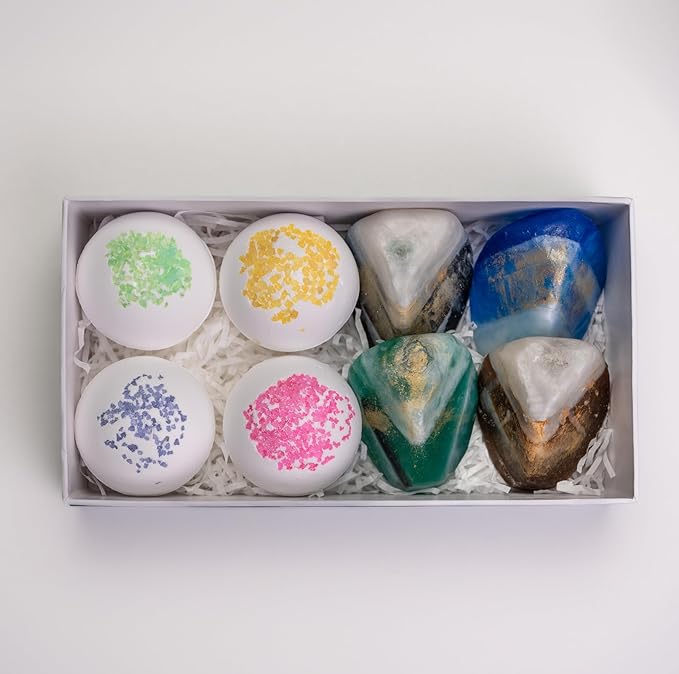 Gemstone Soap & Bath Bomb Set- Relaxing Spa Gift for women- Mothers day gift set- 4 Decorative scented Rock Soap with Crystals and 4 Fizzy Bath Bomb- with Natural Ingredients & Essential Oil