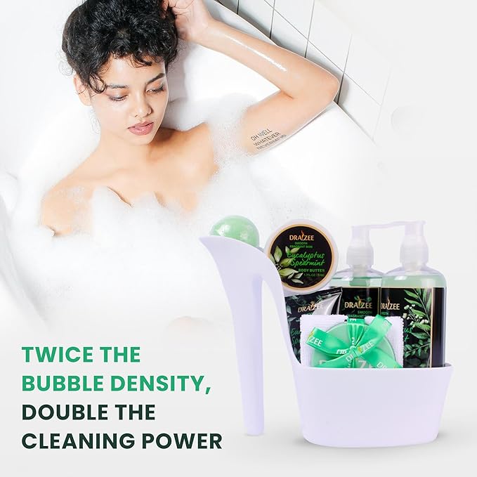 Draizee Luxury Spa Gifts for Women – 8 Pc Eucalyptus Spearmint Bath & Body Set with Bubble Bath, Lotion, Body Butter & More – Self Care Gift Basket for Wife, Mom, Girlfriend