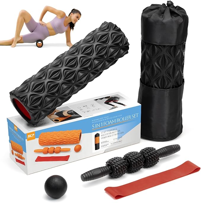 5 in1 Foam Roller Set, Trigger Point Foam Roller, Massage Roller Stick, Massage Ball, Resistance Band for Deep Muscle Massage Pilates Yoga,Fitness Exercise for Whole Body (Pure Black)