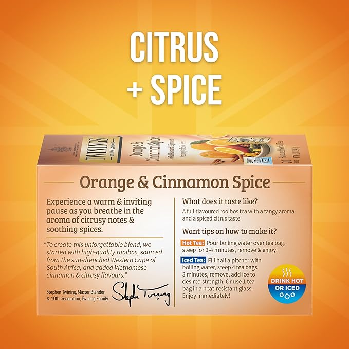 Twinings Orange & Cinnamon Spice Herbal Tea Individually Wrapped Bags, 20 Count (Pack of 6), Naturally Caffeine-Free, Enjoy Hot or Iced, 120 Teabags