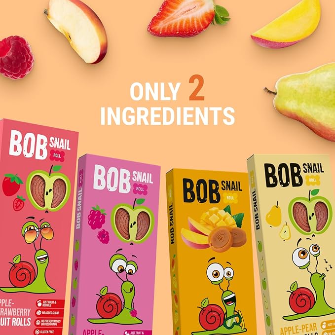 BOB SNAIL Healthy Organic Fruit Snacks for Kids and Adults – 60 Organic Fruit Roll Up with Mango,Pear, Strawberry, Raspberries–Vegan Low-Carb Variety Pack Leather Strips for Kids–Sugar Free Jerky Bars