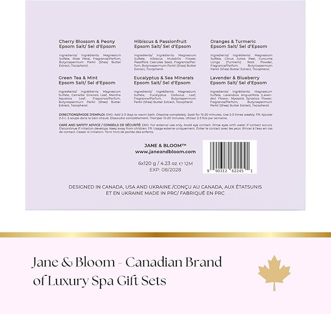 Epsom Salt Bath Gift Set – 6 Aromatherapy Blends with Essential Oils – Bath & Body Gift Set for Women, Stress Relief, Self Care, Birthday Gifts – Jane & Bloom