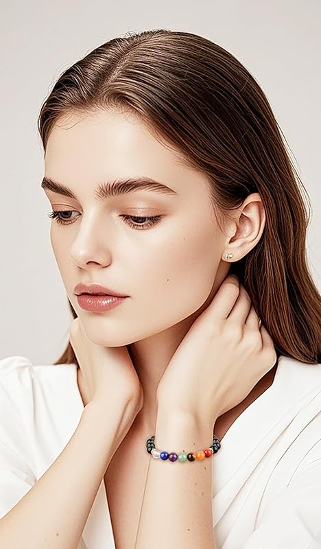 AD Beads Handmade Gemstone Stretch Elastic Bracelet Crystal Healing Reiki Nature's Beauty and Spiritual Essence Unisex (8mm, Onyx & 7-Chakra (Stable and Balance))