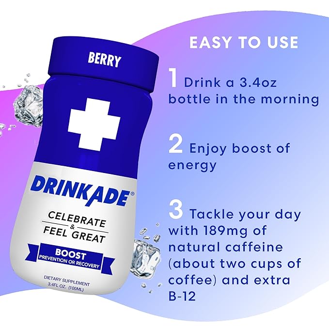 DrinkAde Boost β The Day After Drink, Immunity & Energy Support Hydration & Recovery Drink with Caffeine, Electrolytes, B Vitamins & Green Tea Extract β Sugar Free, 5 Calories, Vegan, Non-GMO (24 Pack)
