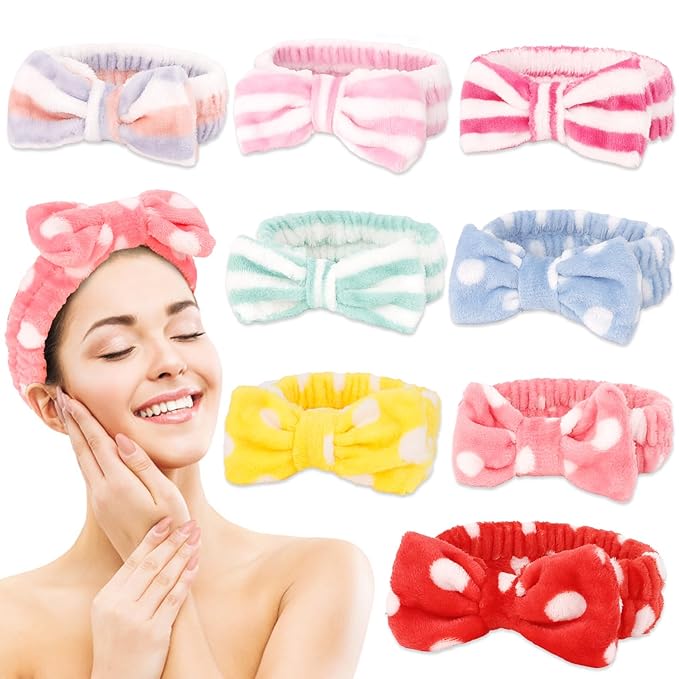 AMCAMI 8 Pack Skincare Spa Headband for Washing Face Makeup Face Wash Headband for Women Facial Towel Hairbands Spa Party Supplies for Girls Women