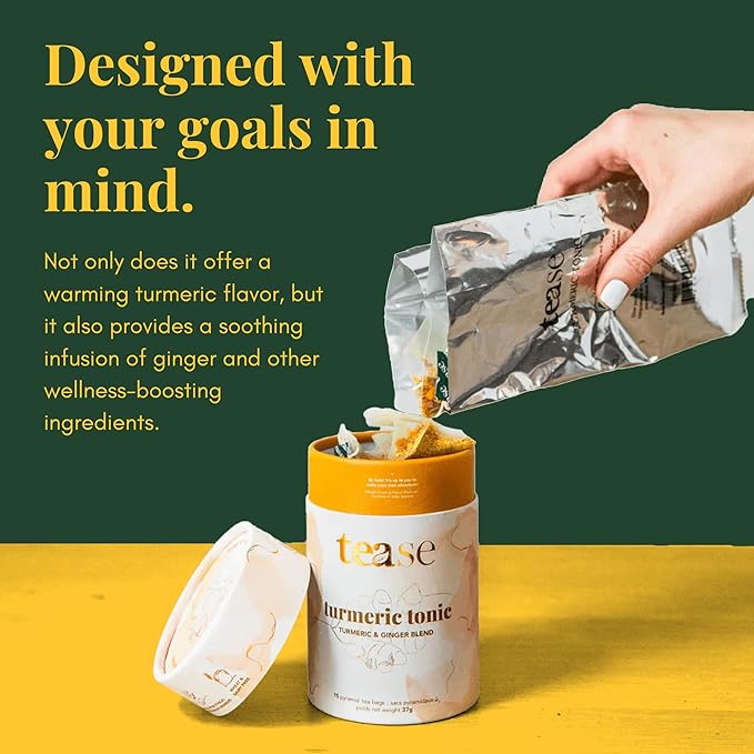 Tease Tea Turmeric Ginger Tea - Turmeric Tonic Herbal Tea, Anti-Inflammatory, Caffeine Free Drink Made with Ginger, Turmeric Root, and Calendula for Digestion Support and Tension Soothing