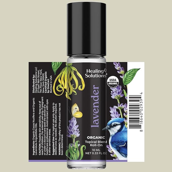 Healing Solutions Lavender Essential Oil Roll-On (2-Pack) - USDA Organic Calming Essential Oil Roller for Sleep & Skin