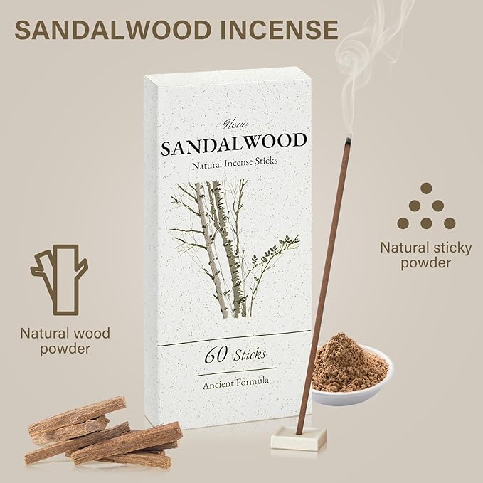 Sandalwood Incense Sticks 60 Pack, Natural Fragrance, Ideal Choice for Yoga, Meditation and Relaxation, Air Purifying Aromatherapy and Long-Lasting Burn