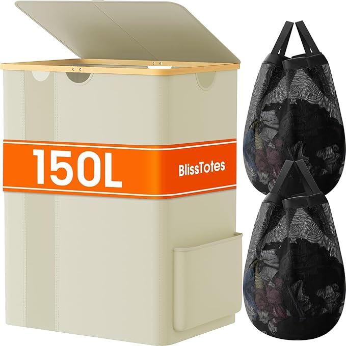 Laundry Basket Clothes Hamper with Lid and Pocket Large Collapsible Laundry Baskets with Handle, Freestanding Hampers for Bedroom Aesthetic, Dorm, Bathroom, Laundry Room (150L, Beige)